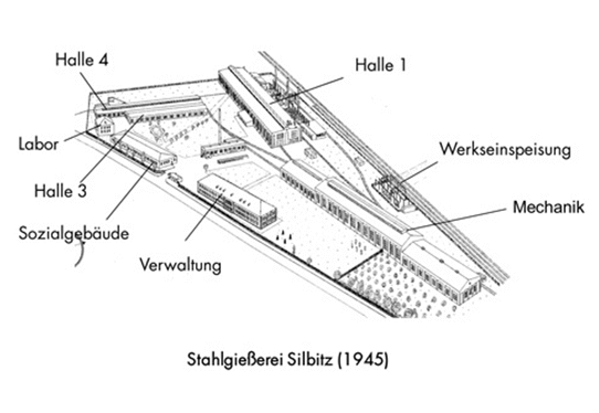 Eine Zeichnung des Werks in Rasberg von 1945